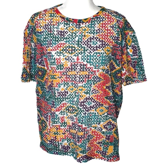 Sostanza Tops - Sostanza Mesh Knit Top Women Large Multicolor Vintage Geometric Short Sleeve Tee